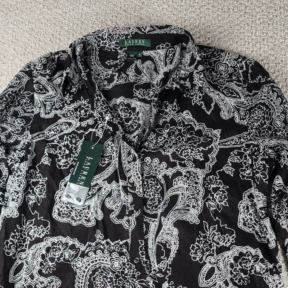 Lauren Ralph Lauren Button Down Shirt Size M Paisley Cotton Long Sleeve Black